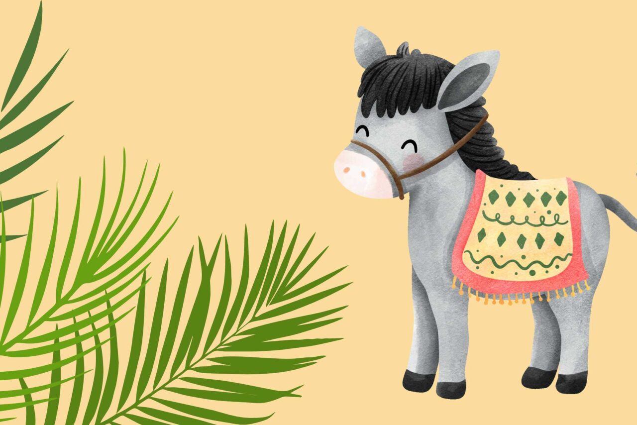 Palmunlehviä ja aasi. Piirretty kuva.